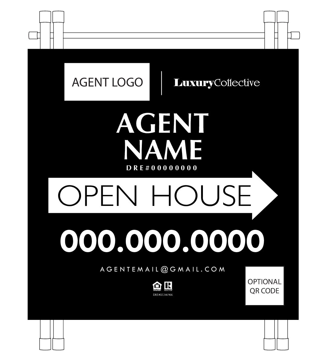 OPEN HOUSE W/ AGENT LOGO <BR> & OPTIONAL QR CODE<BR> 24”x24” (1/8″ PVC) <BR> 2 Panels + PVC “A” Frame